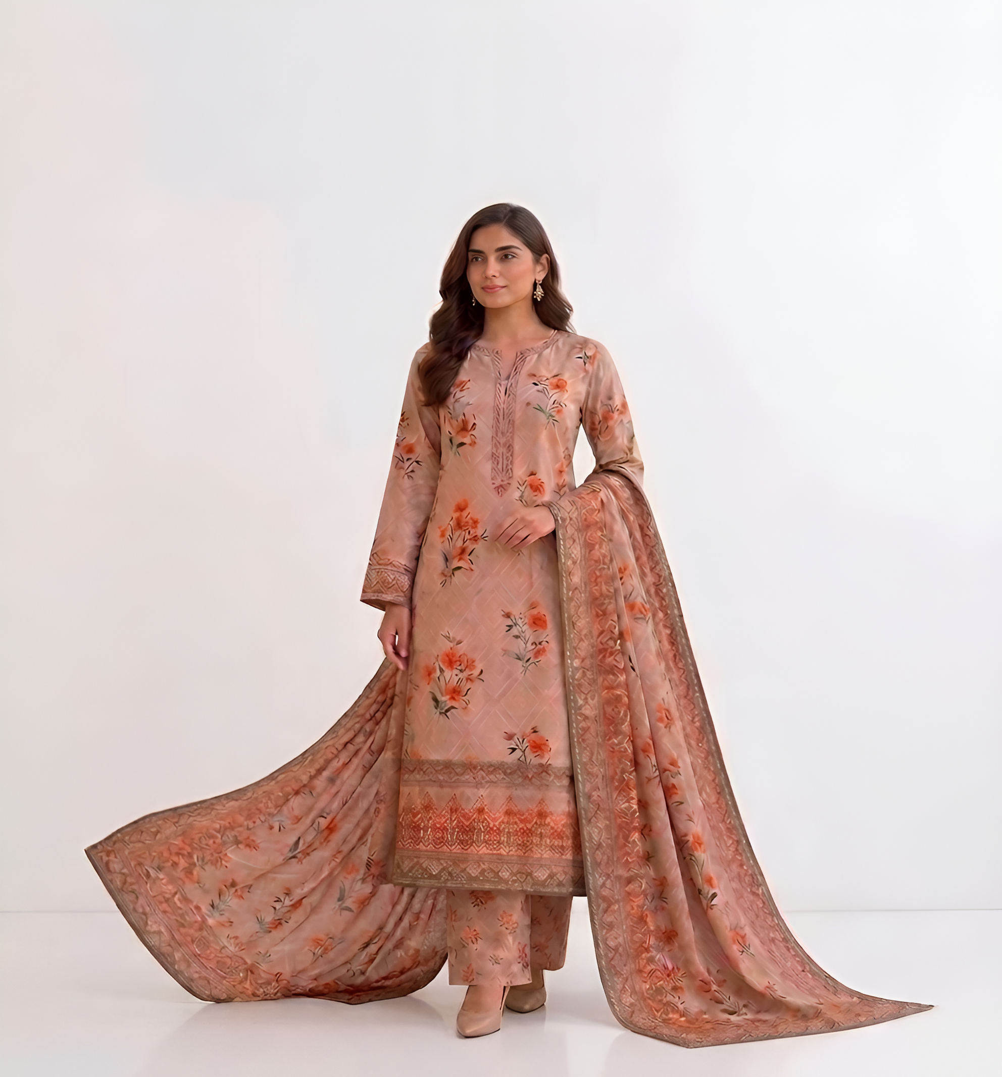 Beautiful peach floral 3-piece outfit 💕Perfect for your graceful look 💫”