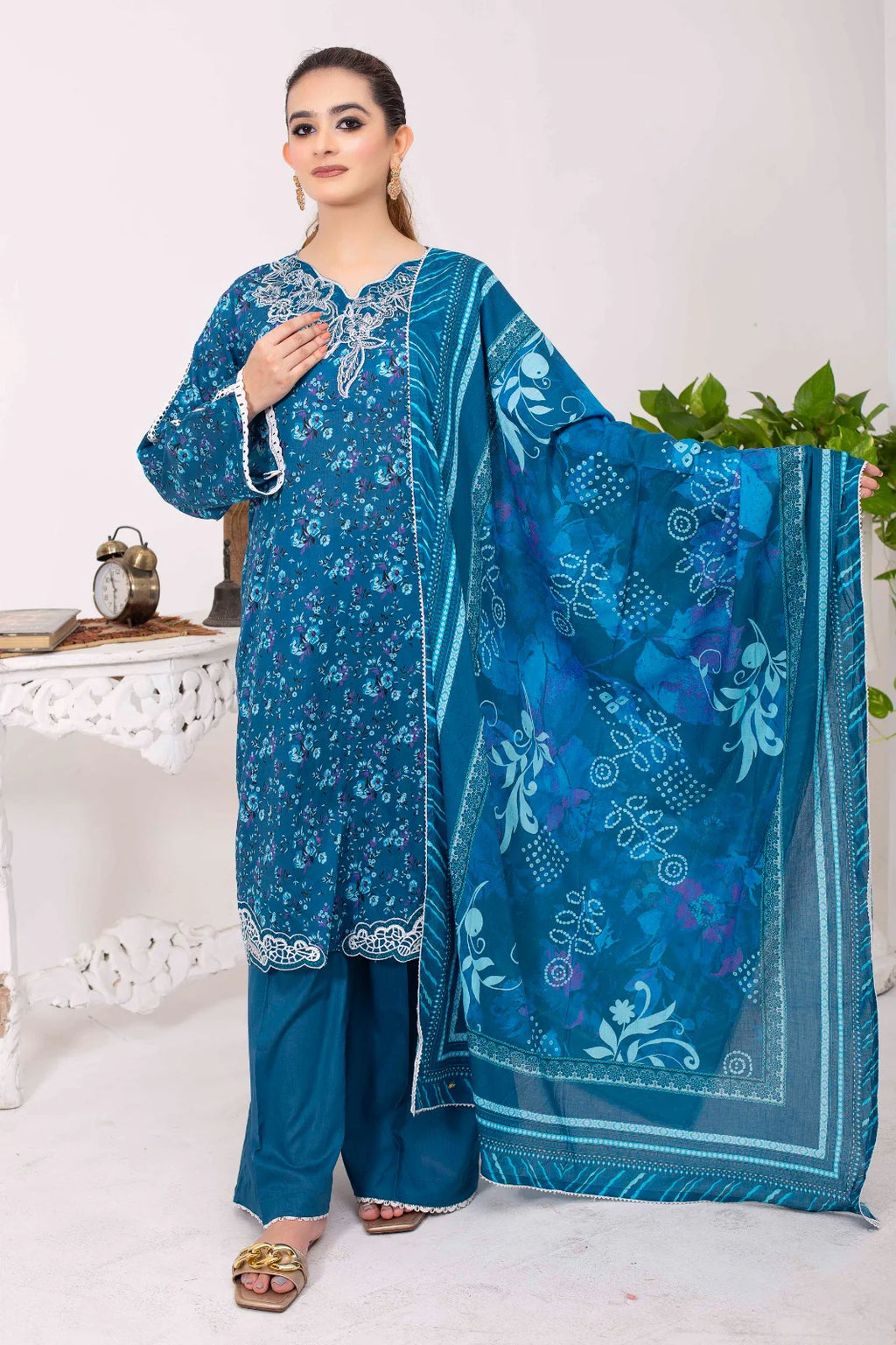BLUSHING IVY | SS-1016 – Steel Blue Lawn Patchwork Kurta Set
