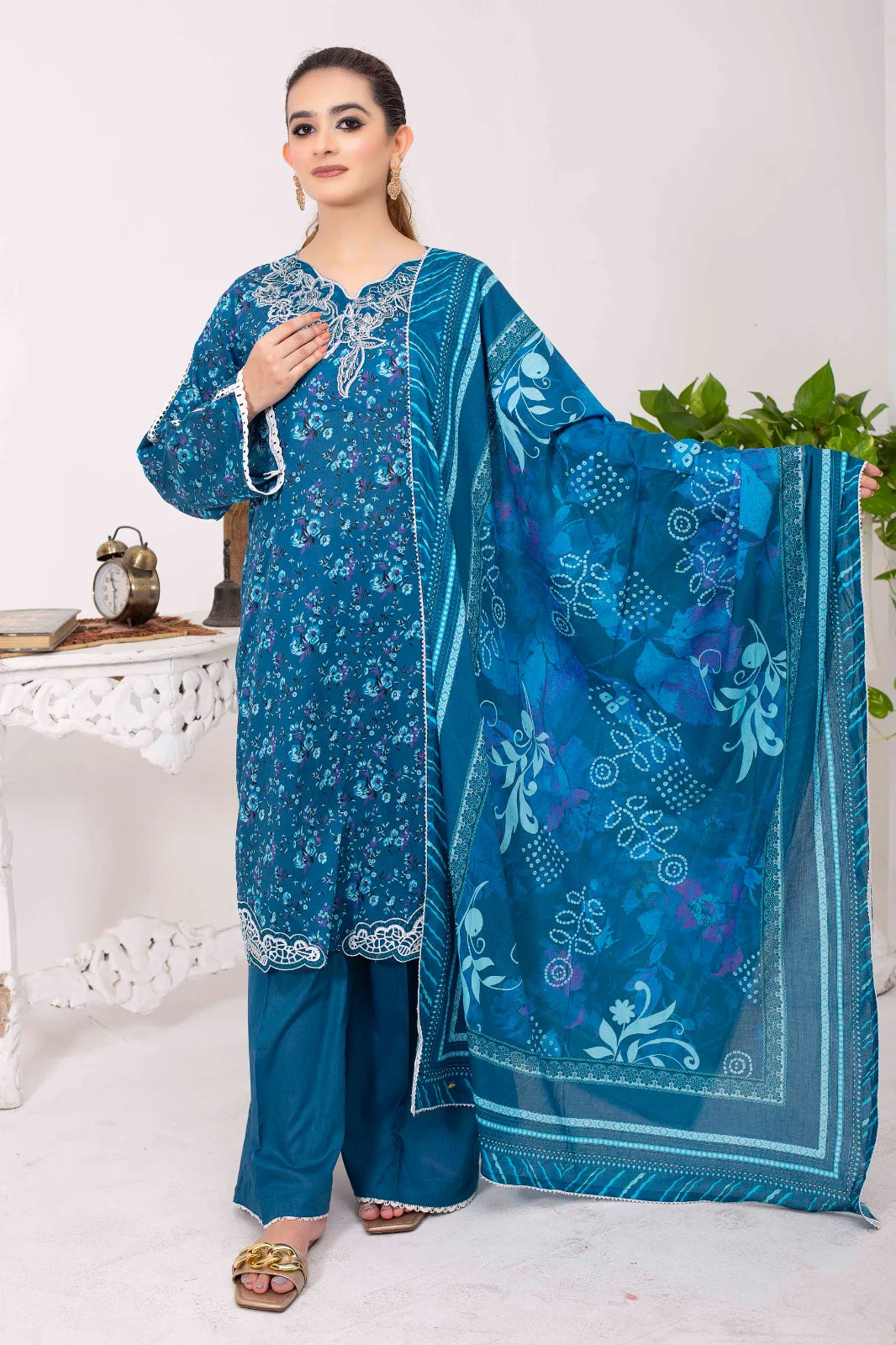 BLUSHING IVY | SS-1016 – Steel Blue Lawn Patchwork Kurta Set