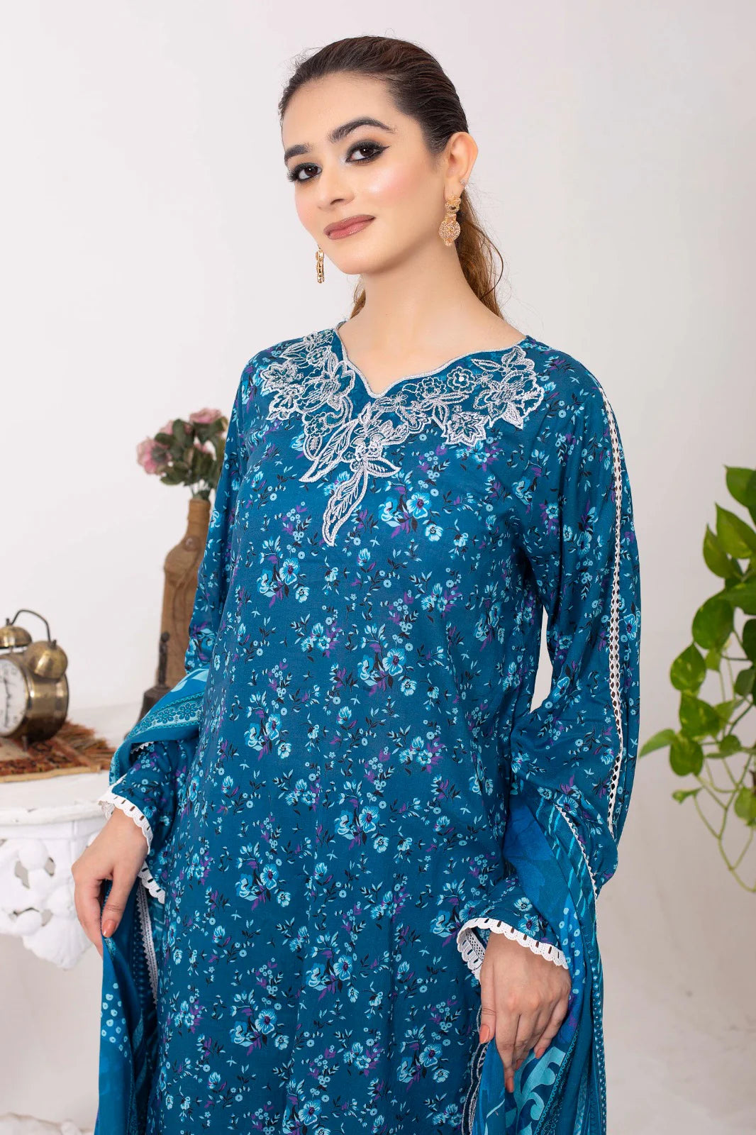 BLUSHING IVY | SS-1016 – Steel Blue Lawn Patchwork Kurta Set