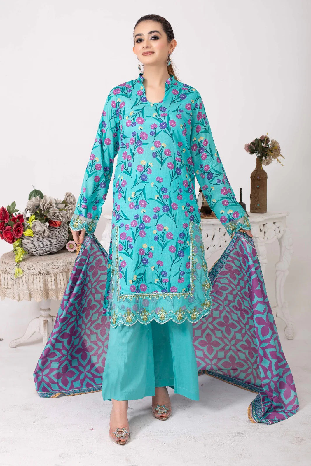 SCARLET LEAVES | SS-1017 – Dark Cyan Patchwork Lawn Kurta Set