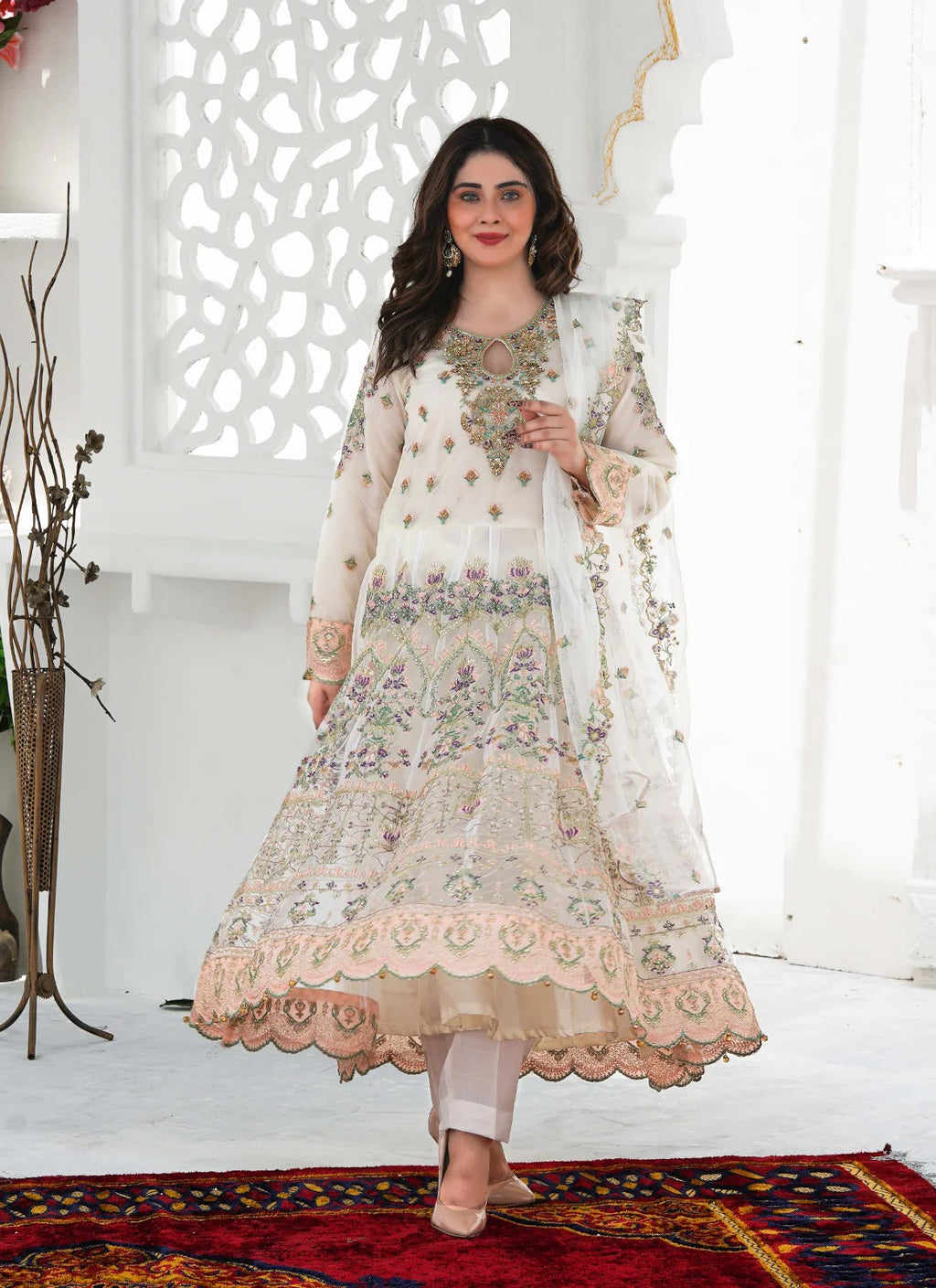 SPARKLE MIST 3PC FIRAK | SS-1023 – White Embroidered Firak with Crystal Handwork