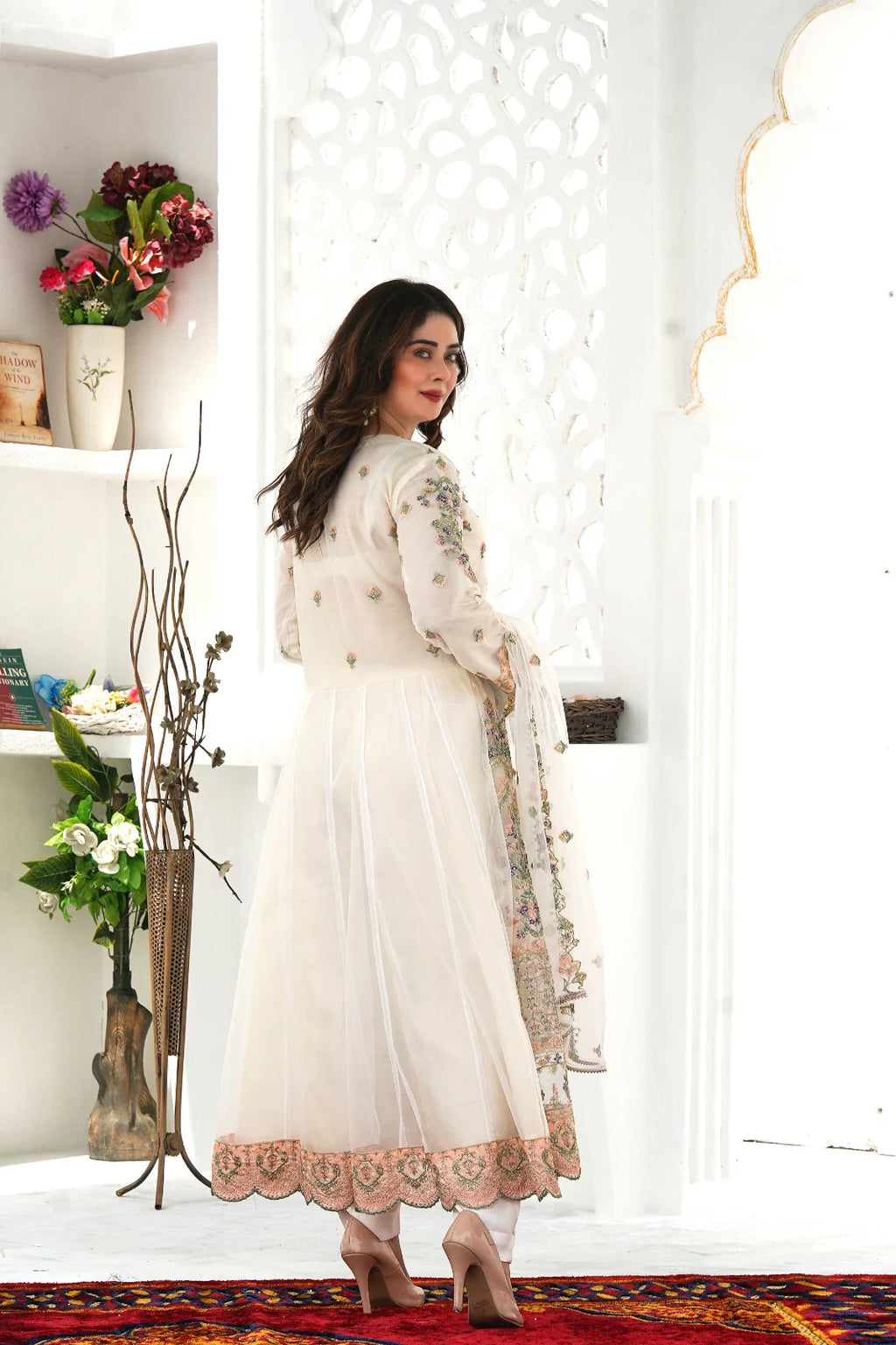 SPARKLE MIST 3PC FIRAK | SS-1023 – White Embroidered Firak with Crystal Handwork