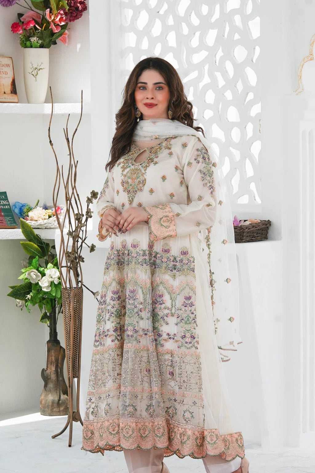 SPARKLE MIST 3PC FIRAK | SS-1023 – White Embroidered Firak with Crystal Handwork