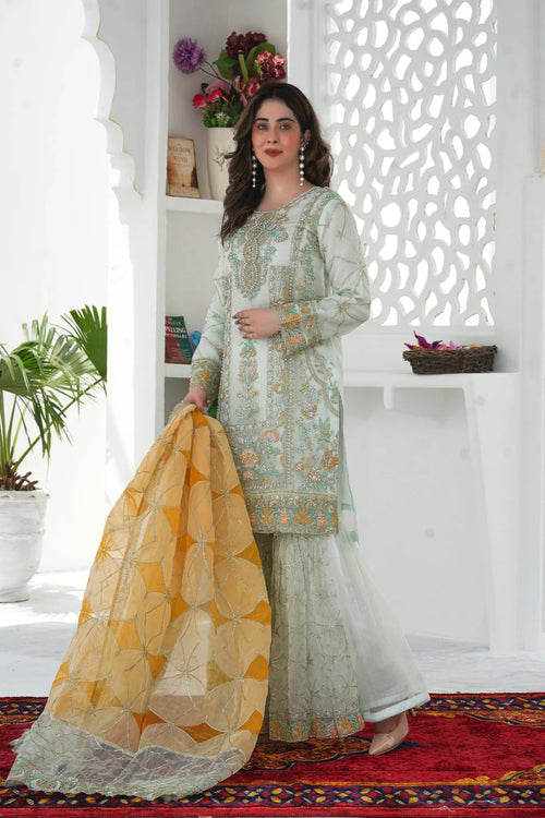 CHANDNI-E-BAHAR | SS-1027 – Tea Green Organza Kurti with Flared Gharara