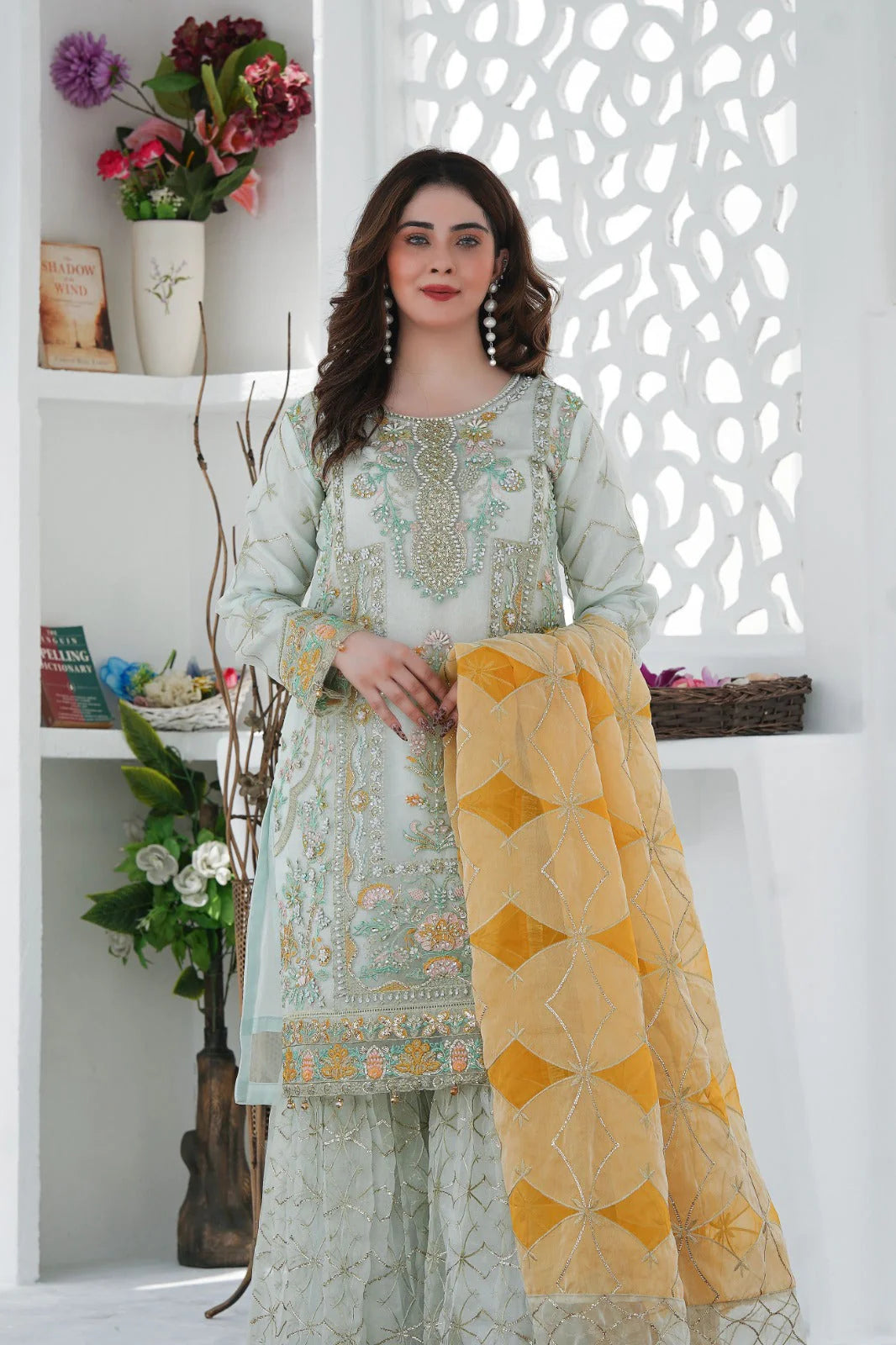 CHANDNI-E-BAHAR | SS-1027 – Tea Green Organza Kurti with Flared Gharara ✨