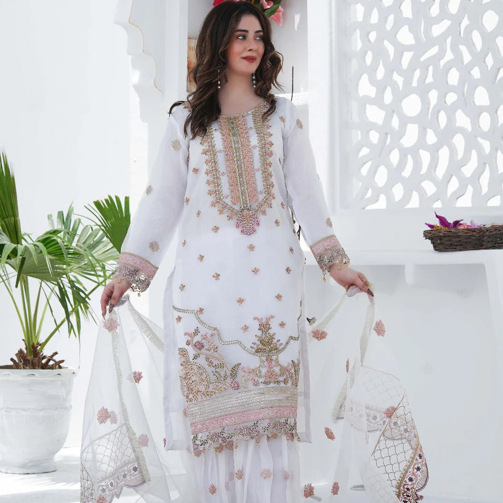 GUL-O-GULZAR | SS-1028 – White Organza Kurti with Flared Gharara