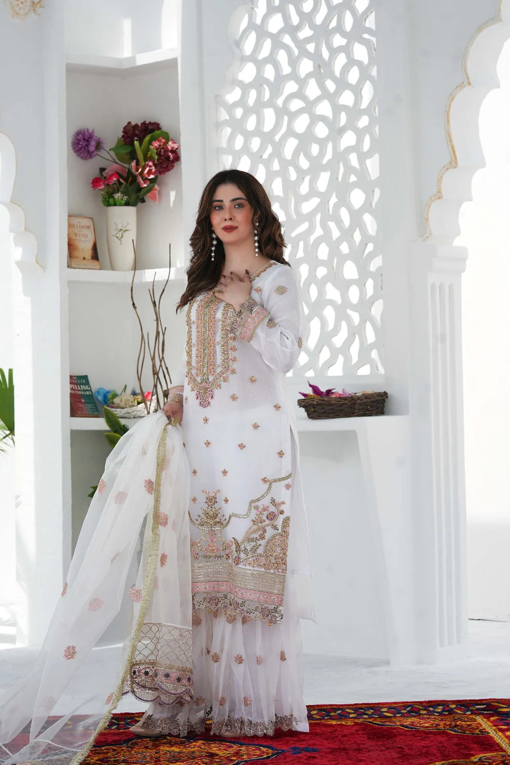 GUL-O-GULZAR | SS-1028 – White Organza Kurti with Flared Gharara