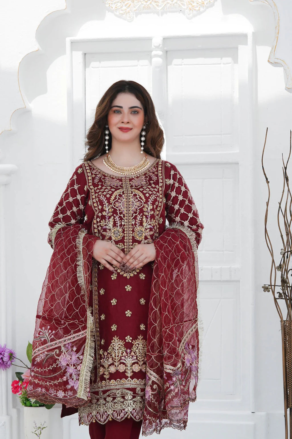 AABRO-E-HUSN | SS-1029 – Blood Red Organza Kurta Set with Adda Work ✨