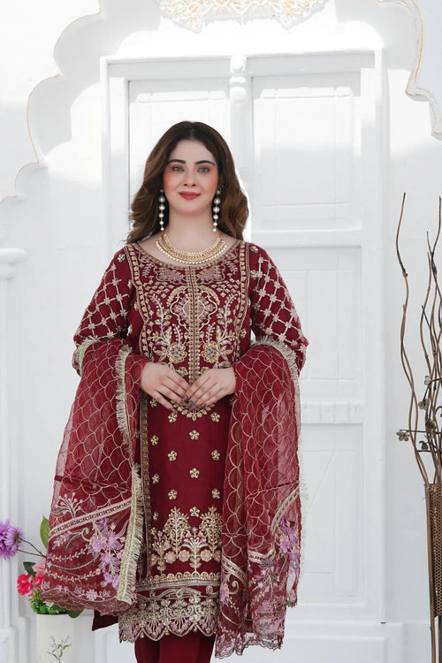 AABRO-E-HUSN | SS-1029 – Blood Red Organza Kurta Set with Adda Work ✨
