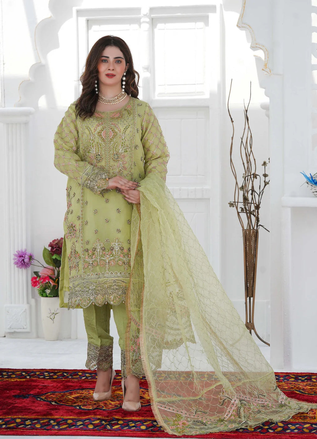 MAJESTIC PEARL | SS-1030 – Pistachio Green Organza Kurta Set with Adda Work 🌿