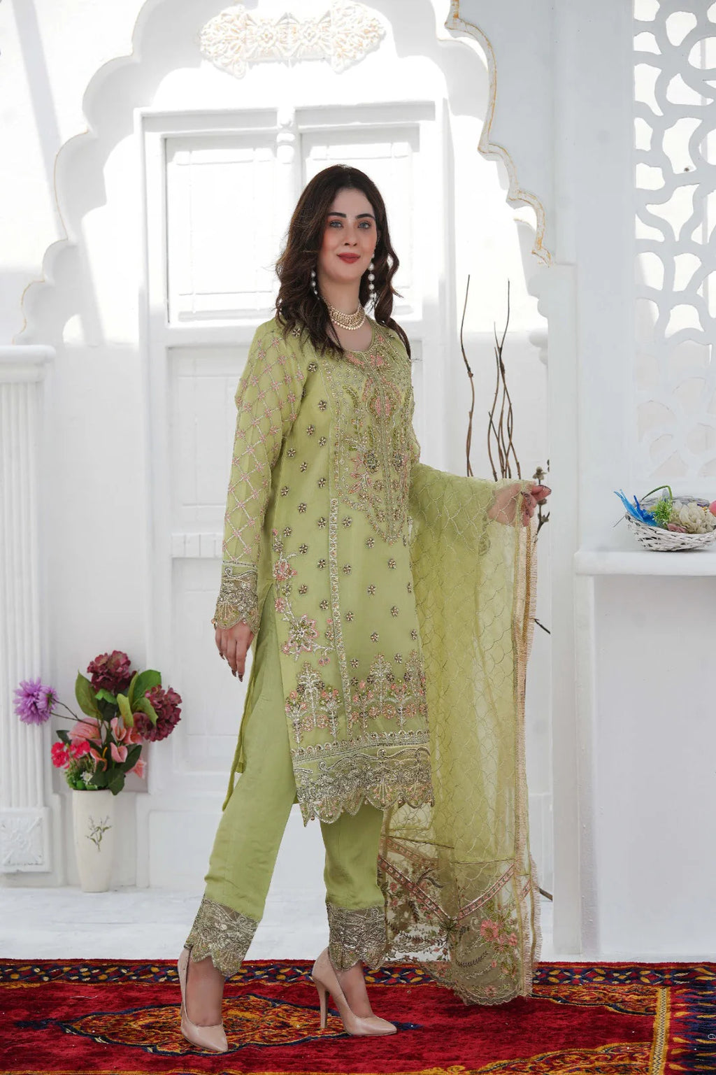 MAJESTIC PEARL | SS-1030 – Pistachio Green Organza Kurta Set with Adda Work 🌿