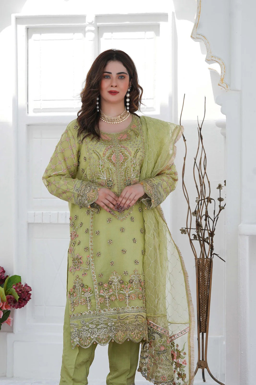 MAJESTIC PEARL | SS-1030 – Pistachio Green Organza Kurta Set with Adda Work 🌿