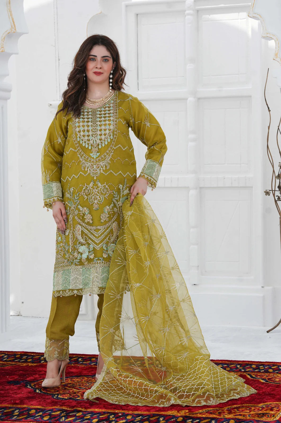 SUMMER SNOW | SS-1031 – Mehndi Green Organza Kurta Set with Adda Work