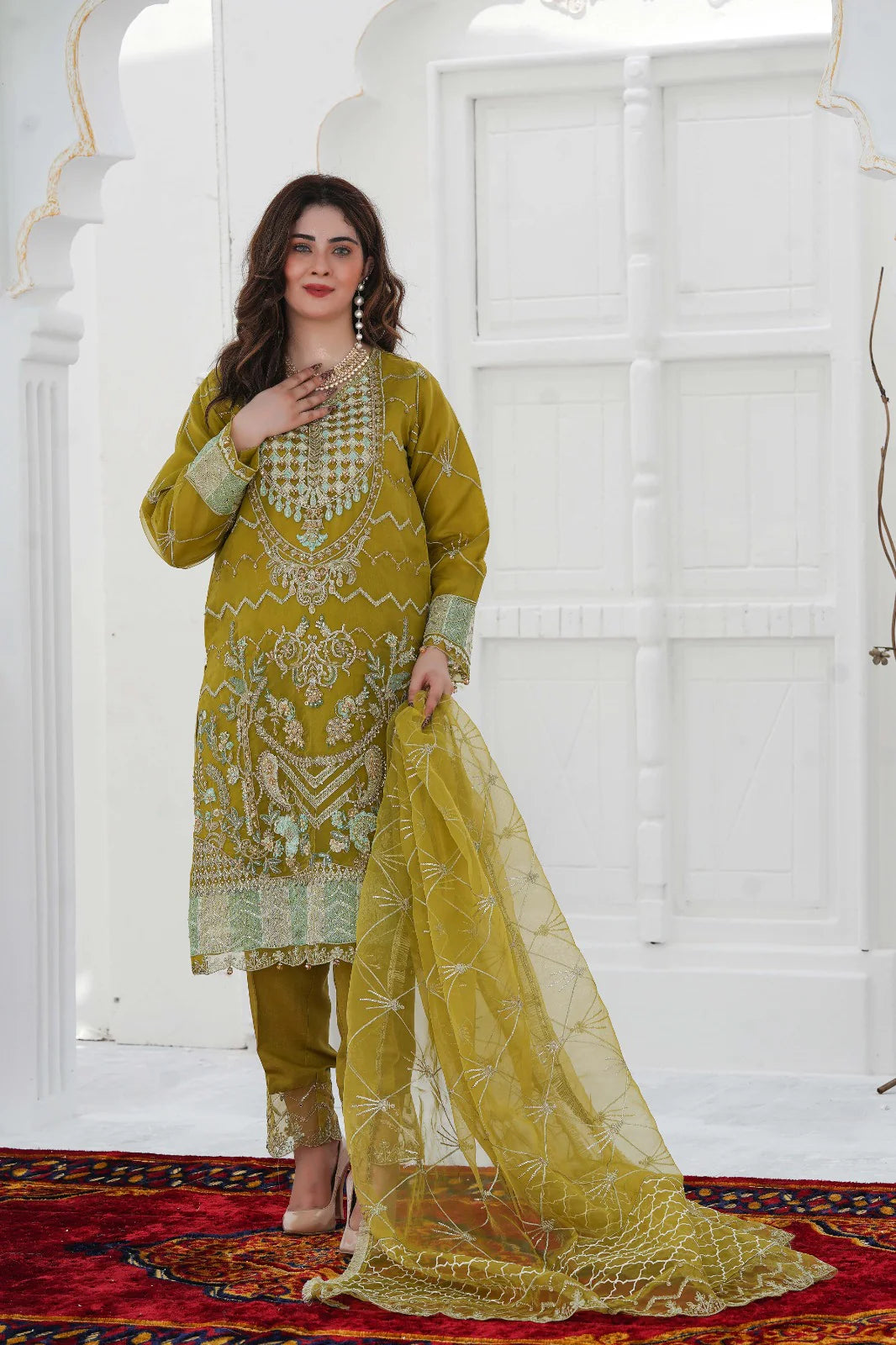 SUMMER SNOW | SS-1031 – Mehndi Green Organza Kurta Set with Adda Work