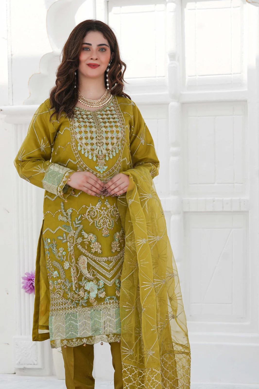 SUMMER SNOW | SS-1031 – Mehndi Green Organza Kurta Set with Adda Work