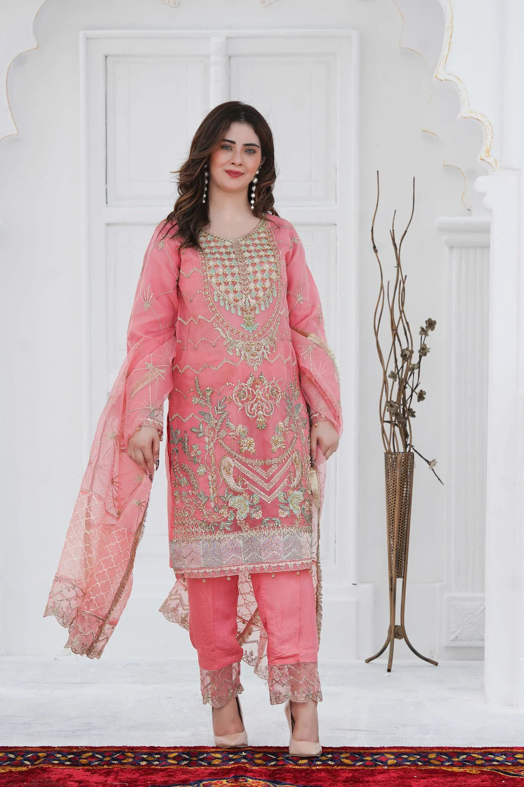 PINK ROSE | SS-1032 – Elegant Pink Organza Kurta Set with Adda Work 🌷