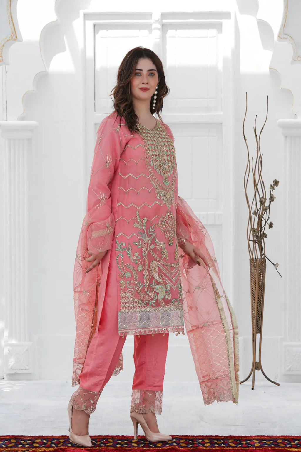 PINK ROSE | SS-1032 – Elegant Pink Organza Kurta Set with Adda Work 🌷
