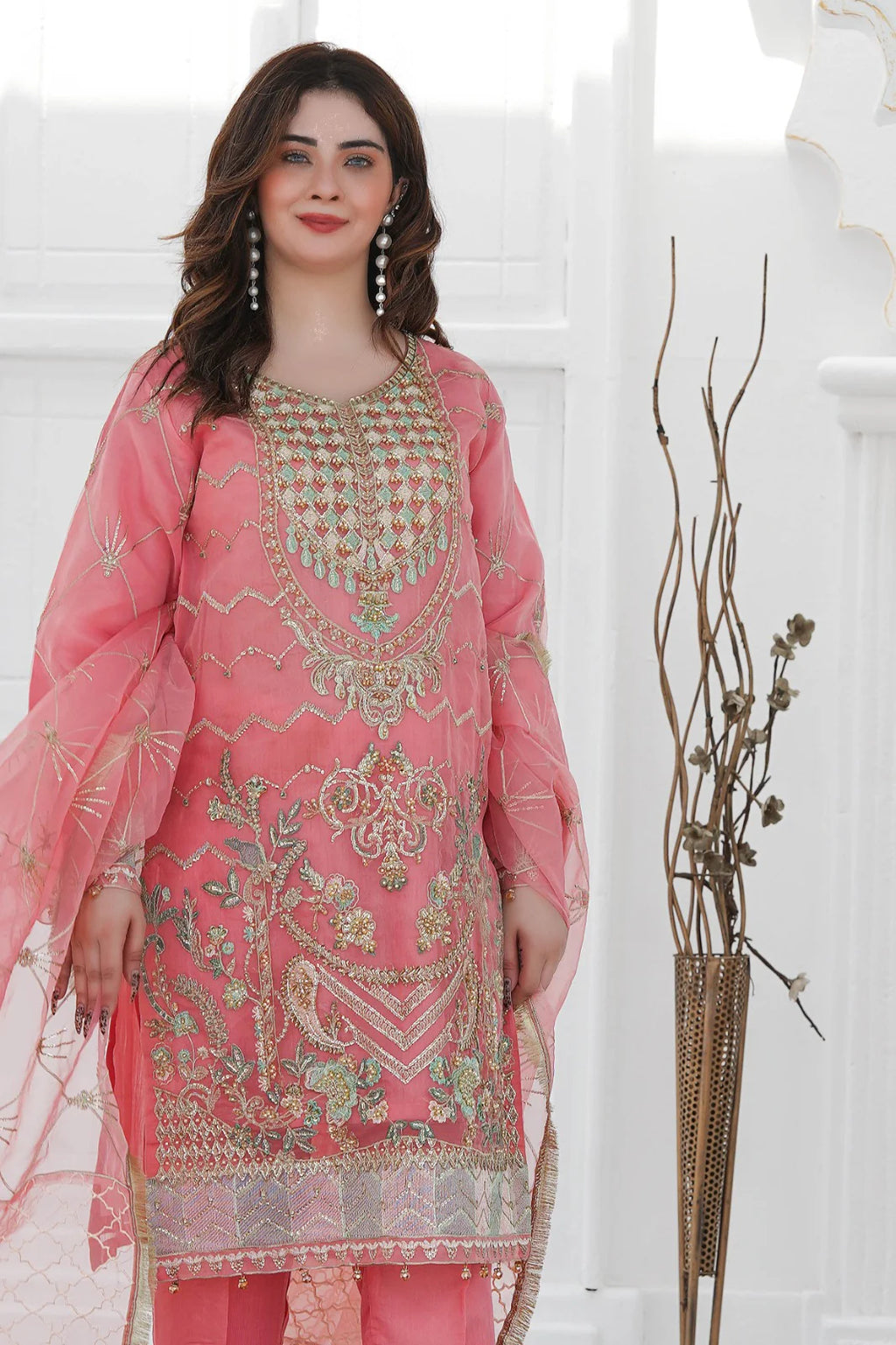PINK ROSE | SS-1032 – Elegant Pink Organza Kurta Set with Adda Work 🌷