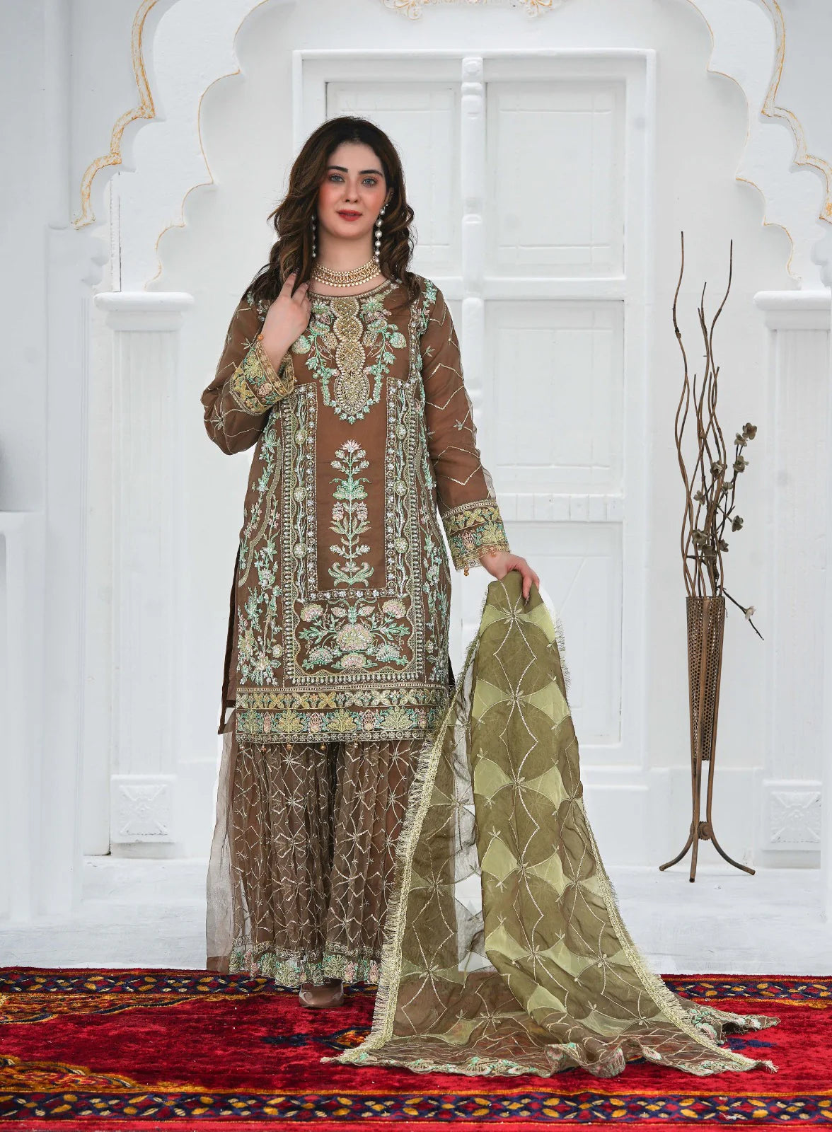 BLUSH GLOW | SS-1025 – Adda Work Organza Kurti with Flared Gharara ✨