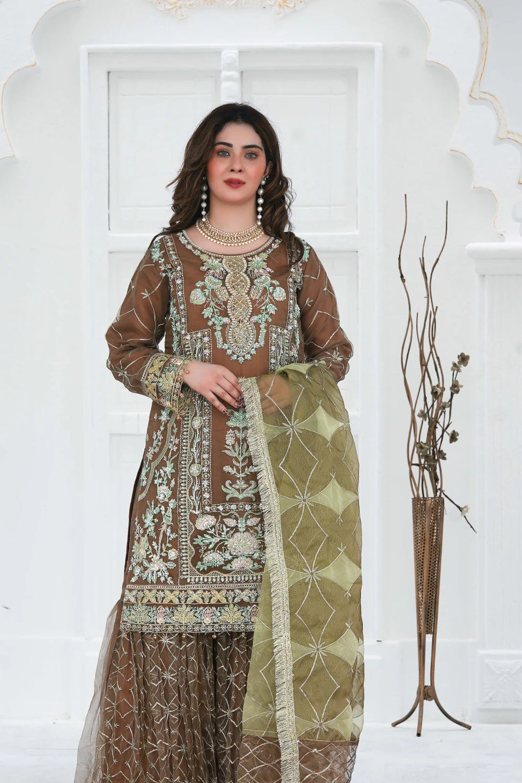 BLUSH GLOW | SS-1025 – Adda Work Organza Kurti with Flared Gharara ✨