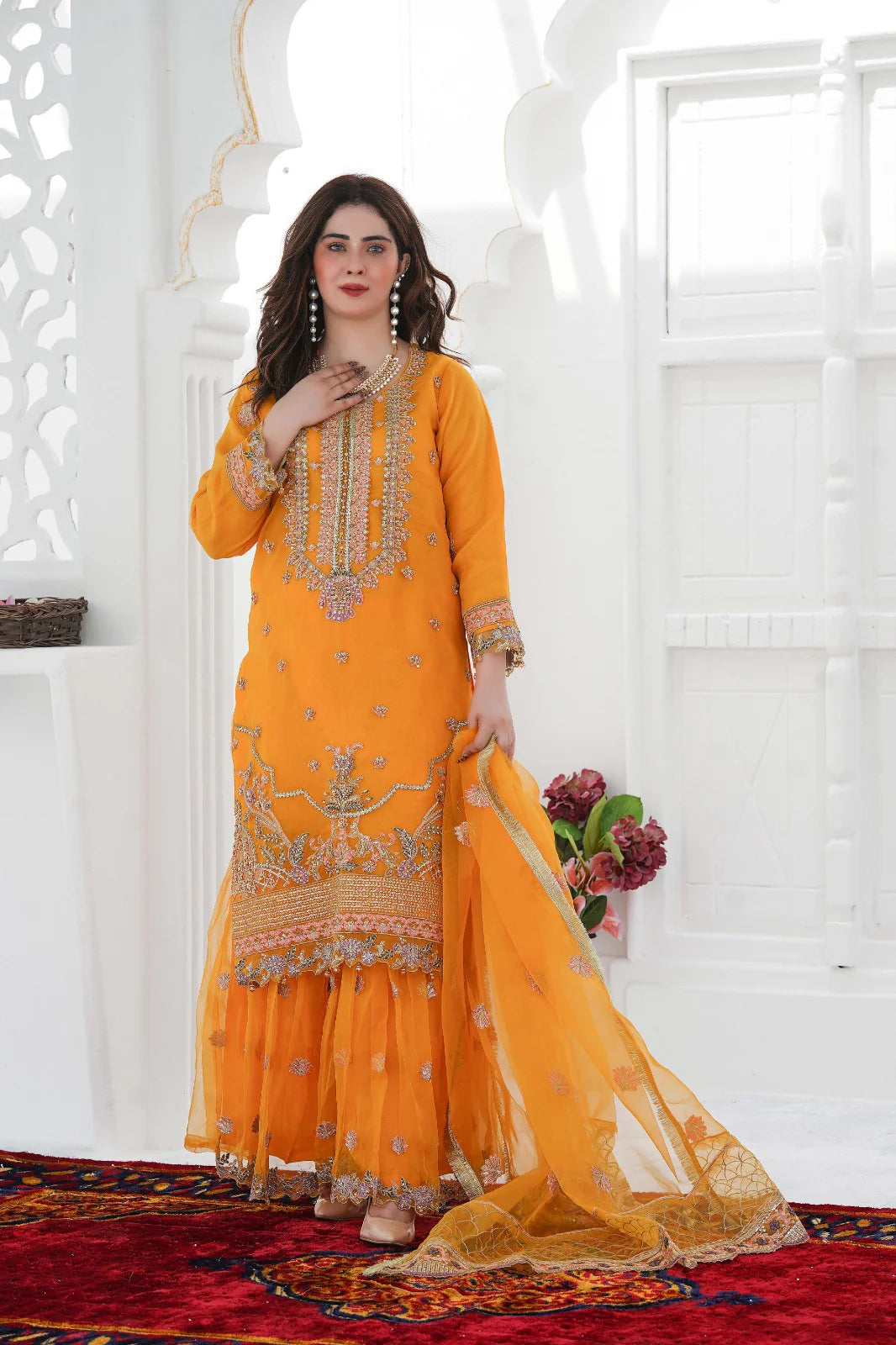 TURQUOISE DREAM 3PC | SS-1026 – Mustard Adda Work Organza Kurti with Flared Gharara ✨