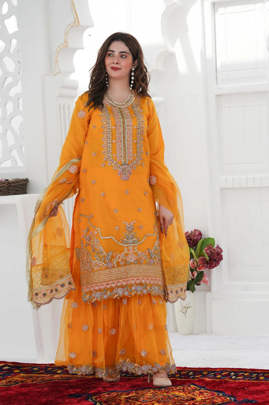 TURQUOISE DREAM 3PC | SS-1026 – Mustard Adda Work Organza Kurti with Flared Gharara
