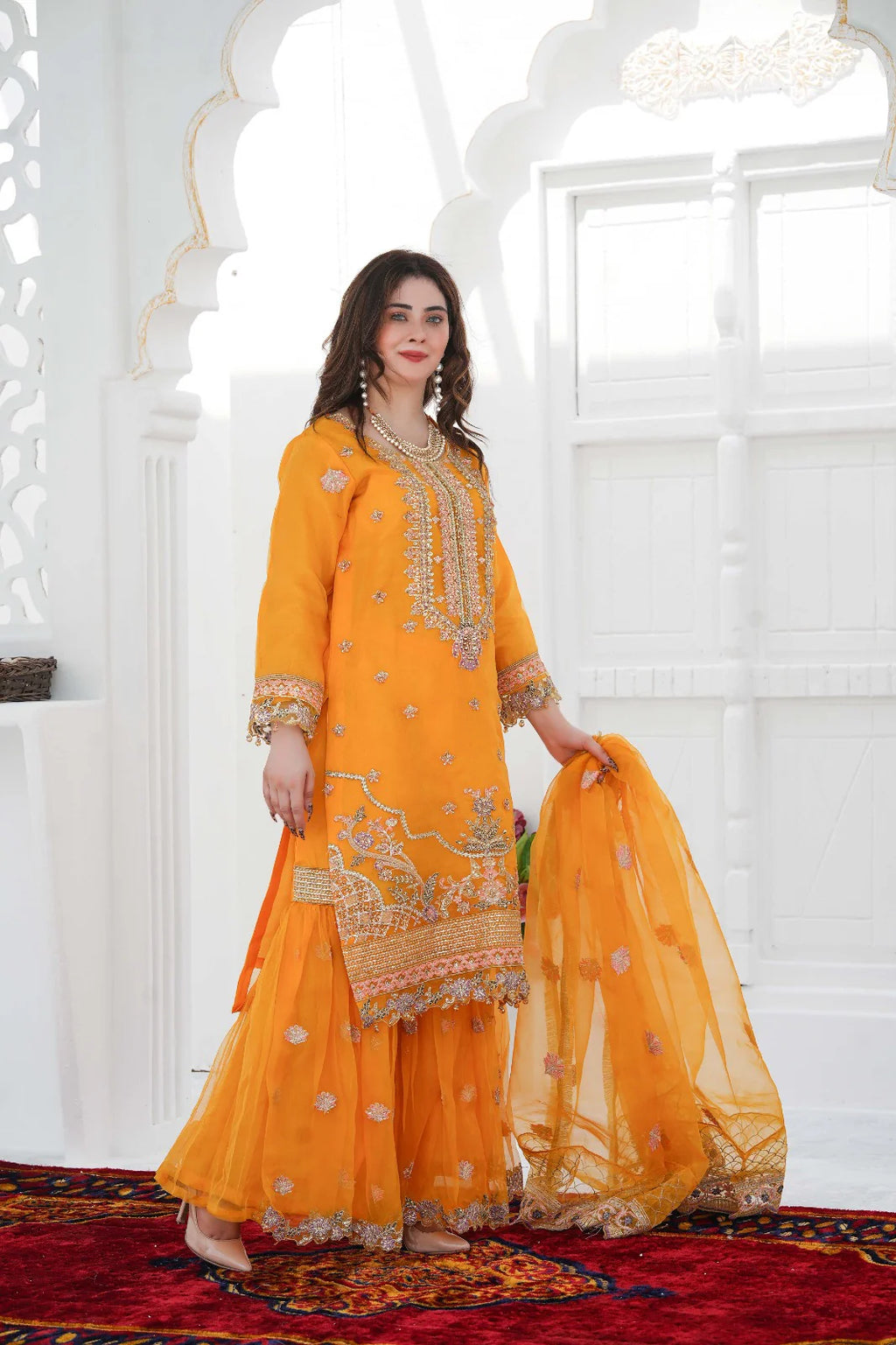 TURQUOISE DREAM 3PC | SS-1026 – Mustard Adda Work Organza Kurti with Flared Gharara