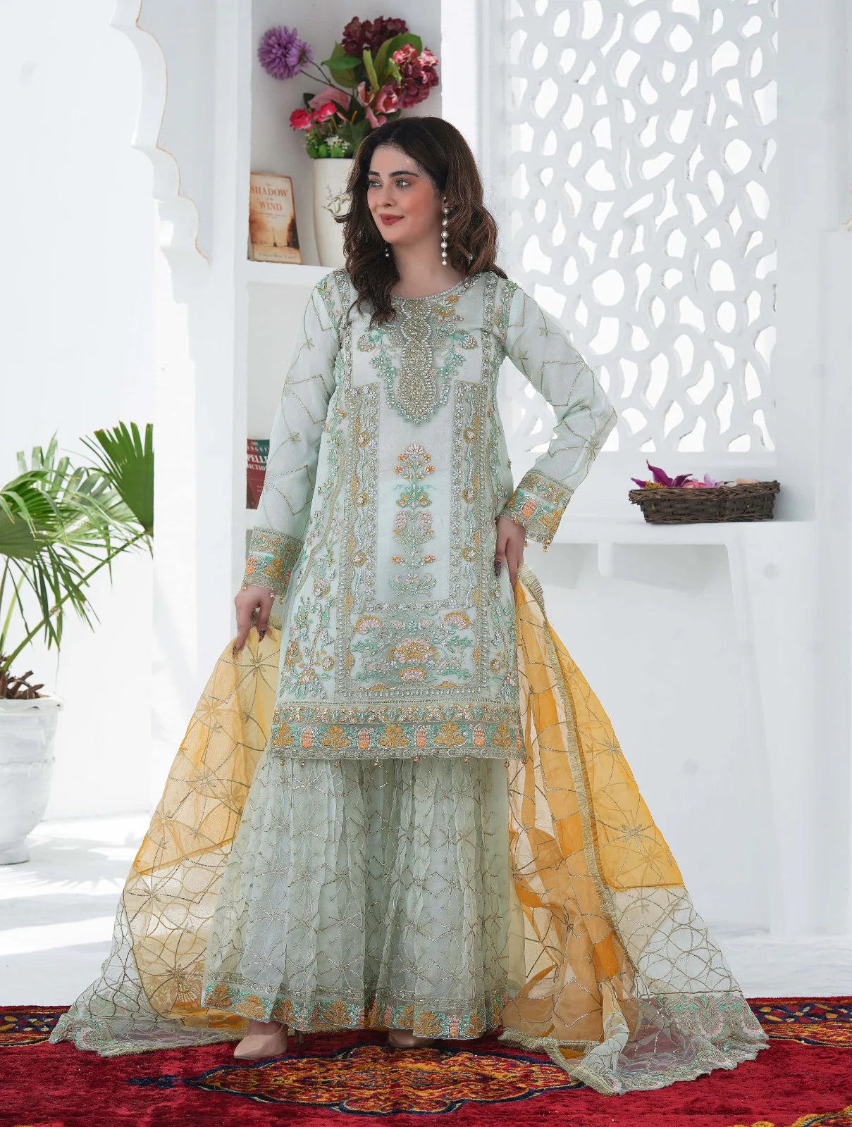 CHANDNI-E-BAHAR | SS-1027 – Tea Green Organza Kurti with Flared Gharara ✨