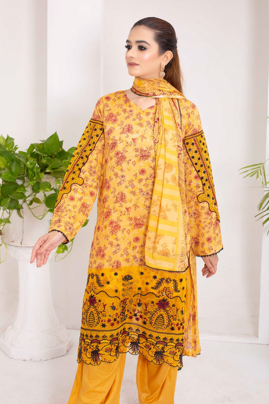 EMERALD CANOPY | SS-1014 – Vibrant Yellow Lawn Patchwork Kurta Set