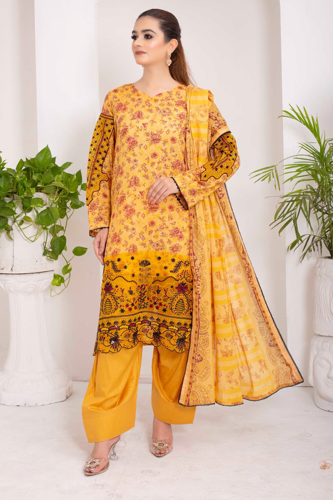 EMERALD CANOPY | SS-1014 – Vibrant Yellow Lawn Patchwork Kurta Set