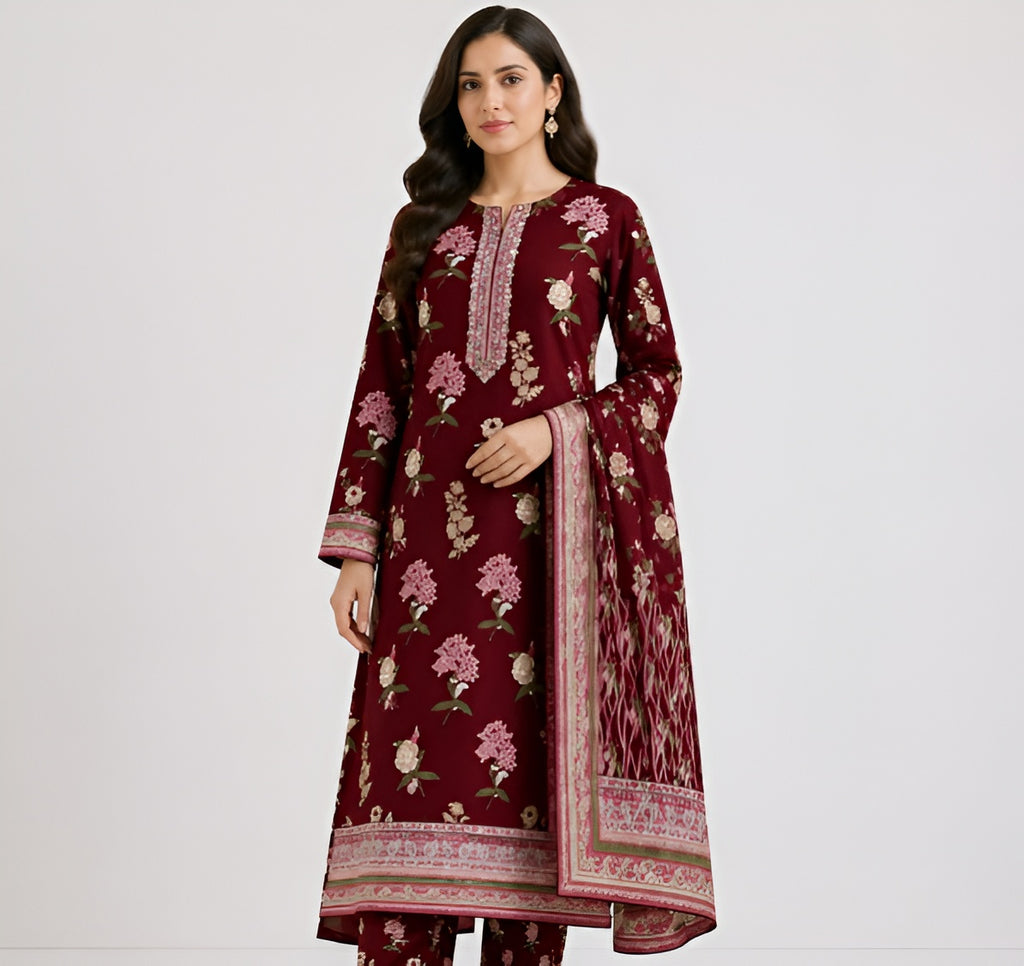 Cotton Maroon magic — elegance jo har nazar ko rok le. ❤️ Soft lawn cotton, rich color — perfect graceful look.
