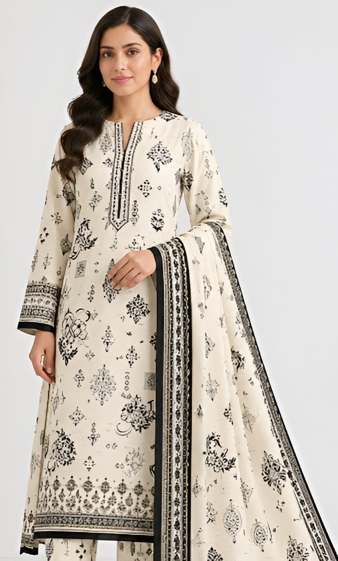 Off-white with black traditional print Beautiful 3-piece