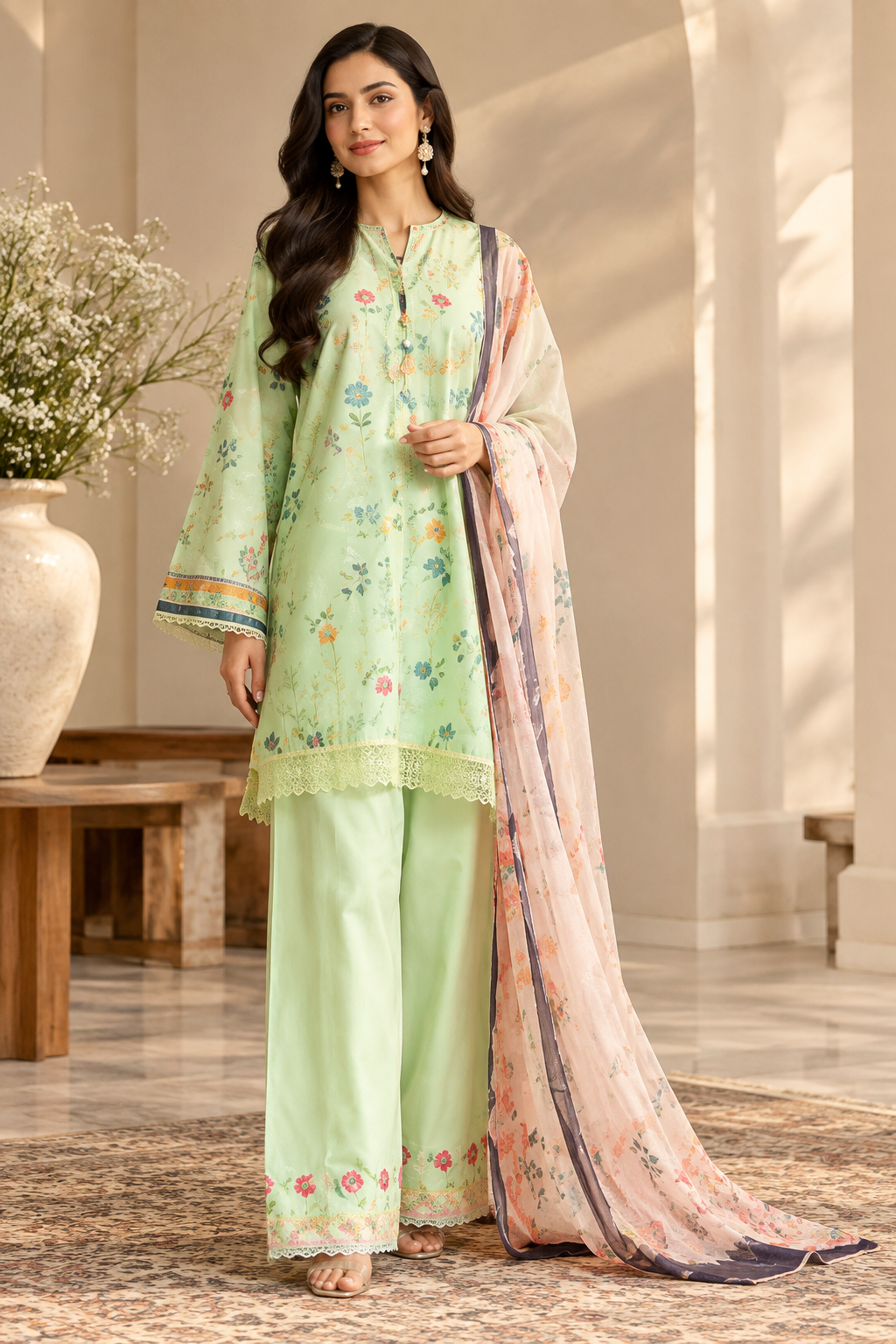 Premium Mint Green Floral Chamki Viscose 3 Piece Suit with Chiffon Dupatta | Winter Collection