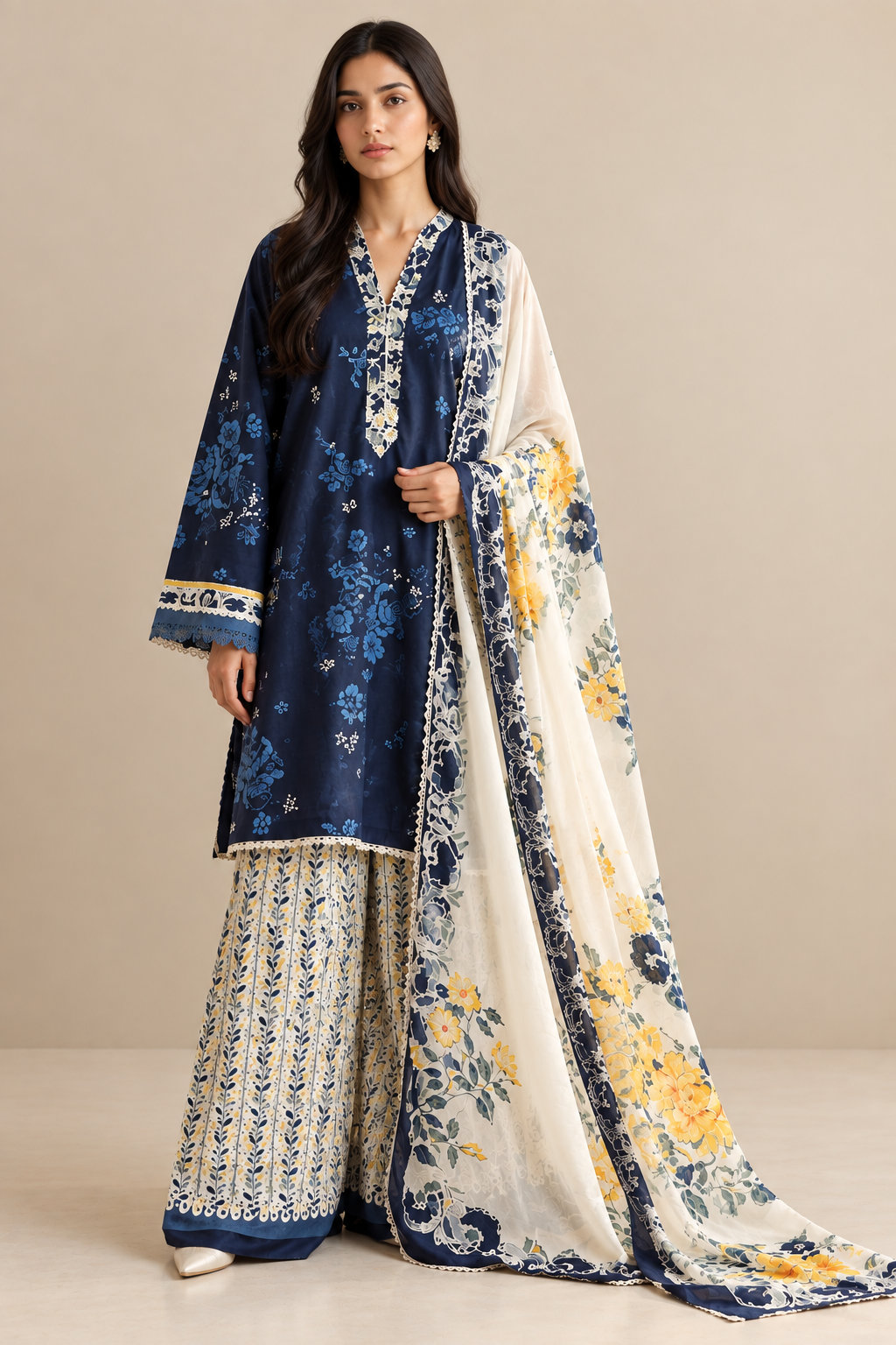 Navy Blue Floral Elegance – Premium 3 Piece Unstitched Suit