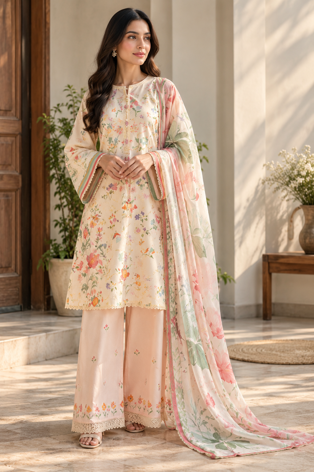 Bin Qasim – Rosé Bloom | Premium Chamki Viscose 3-Piece Suit with Chiffon Dupatta