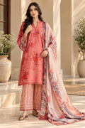 Coral Pink Floral 3 Piece Chamki Viscose Suit