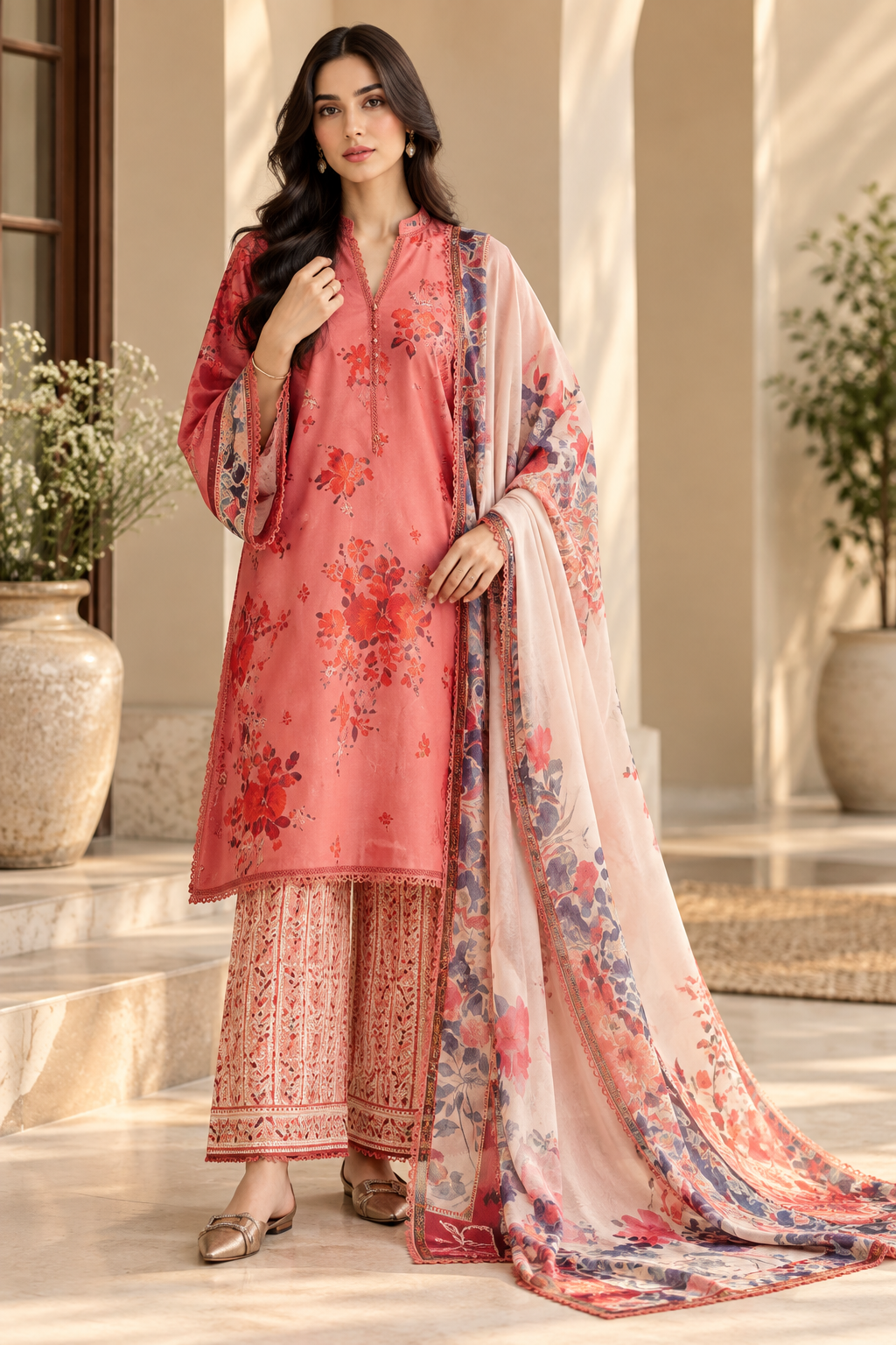 Coral Pink Floral 3 Piece Chamki Viscose Suit