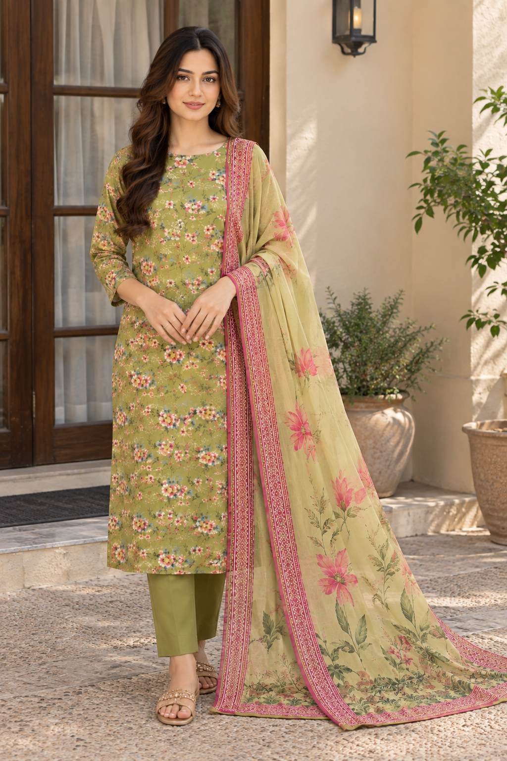 Premium Olive Green Floral Chamki Viscose 3 Piece Suit with Chiffon Dupatta | Winter Collection