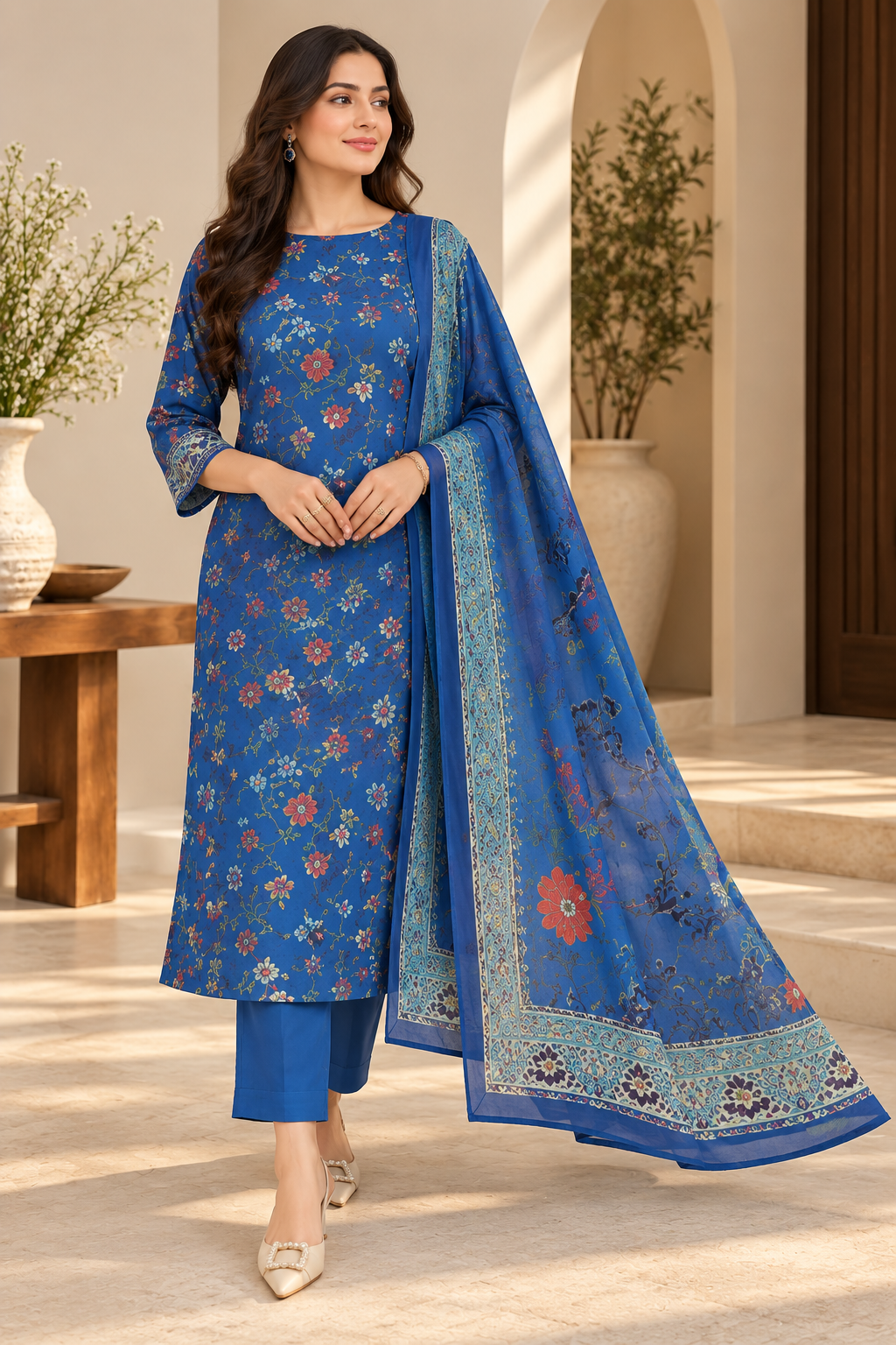 Bin Qasim Premium Chamki Viscose 3-Piece Printed Suit with Chiffon Dupatta